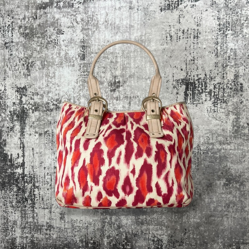 Christian Dior Fuchsia and Orange Leopard Canvas Tote