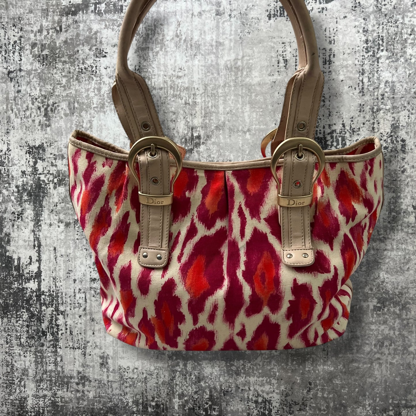Christian Dior Fuchsia and Orange Leopard Canvas Tote