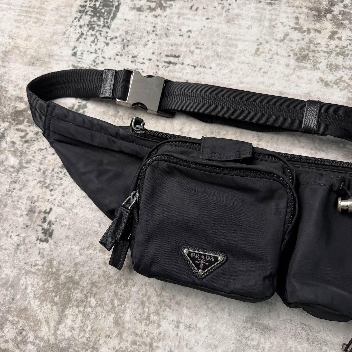 Prada Vela Nylon Metal Plaque Multi-pocket Bag
